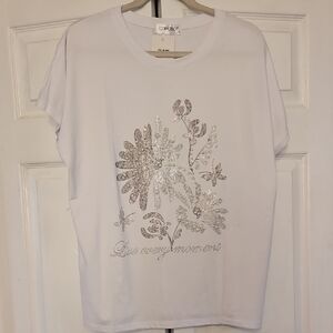 White Floral Bling Short Sleeve Tee
